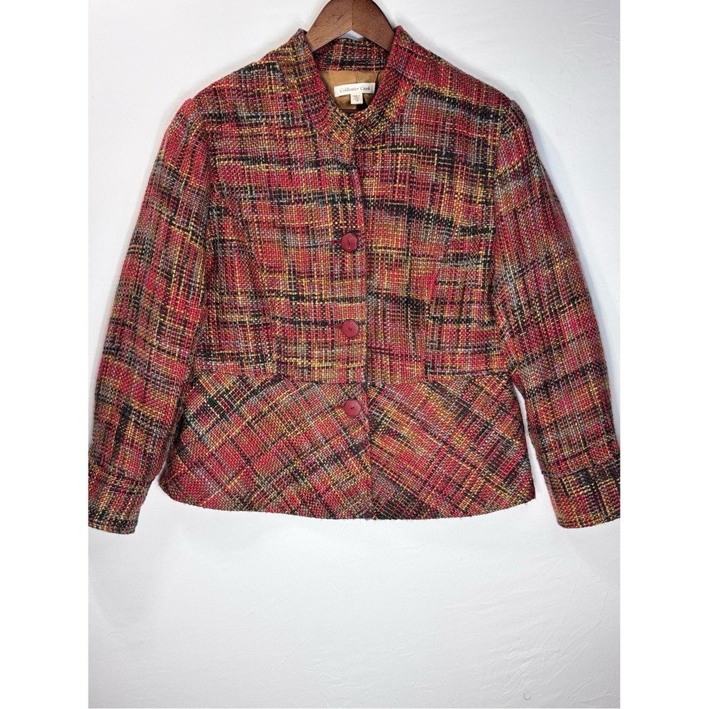 Coldwater Creek Red Multi Tweed Mock Neck Button Front Peplum Jacket Size 18